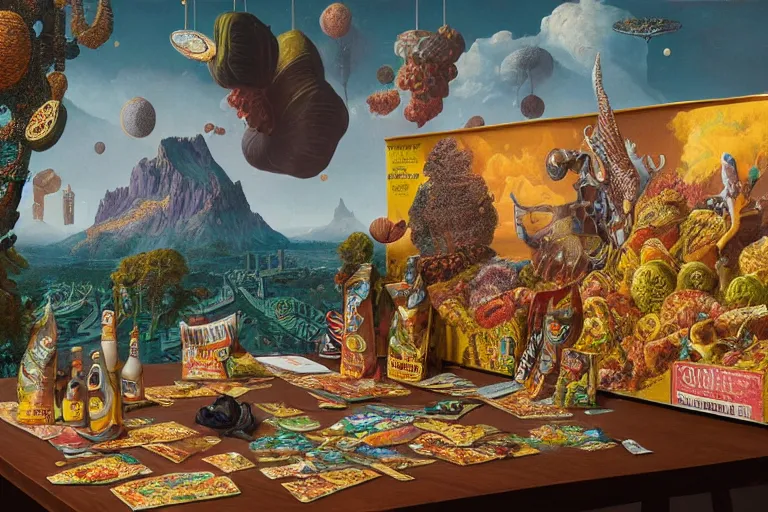 Image similar to a surreal and awe - inspiring bag of crisps on a table, intricate, elegant, highly detailed matte painting by ernst haeckel and simon stalenhag