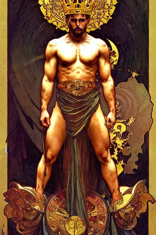 Image similar to a god wearing dark clothes and golden crown, muscular, tarot art, painting by greg rutkowski and alphonse mucha