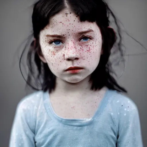 Image similar to a little blue girl with messy black hair she has sharp pointed ears freckles along the ridges of her cheeks, high resolution film still, 4k, HDR colors