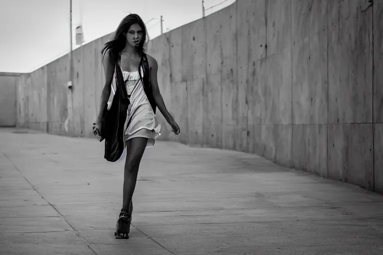 Prompt: street photography of gorgeous model girl on Santa Monica peer By Emmanuel Lubezki