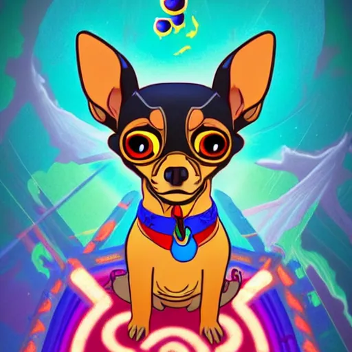 Image similar to a chihuahua with a third eye living in an extradimensional reality, in the style of 9 0 s and goof troop, illustration, epic, fantasy, hyper detailed, smooth, unreal engine, sharp focus, ray tracing, physically based rendering