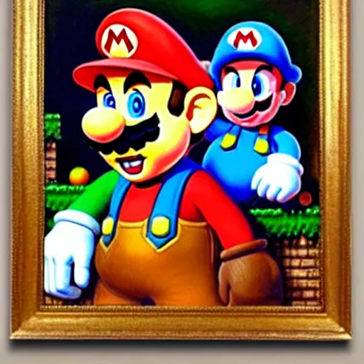 Image similar to super mario family portrait, oil painting, antique painting, highly detailed