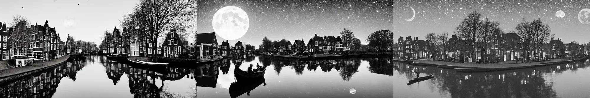 Prompt: Dutch houses along a river, silhouette!!!, Circular white full moon, black sky with stars, lit windows, stars in the sky, b&w!, Reflections on the river, a man is punting, flat!!, Front profile!!!!, Style of Frank Weston