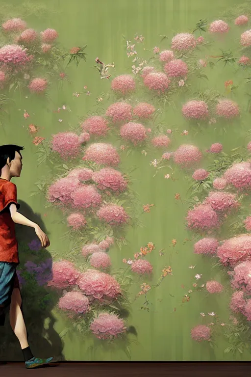 Prompt: Chinoiserie floral wall by Craig Mullins, pixar, Akira Toriyama