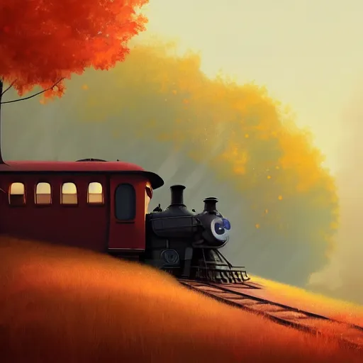 Image similar to Goro Fujita illustrating An antique steam train with a large white cloud coming out of the chimney travels through a beautiful autumn forest along the railroad tracks, art by Goro Fujita, concept art, sharp focus, ArtStation