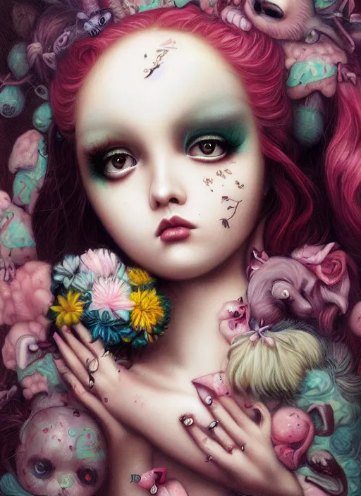 Image similar to pop surrealism, lowbrow art, realistic cute girl painting, japanese street fashion, hyper realism, muted colours, rococo, natalie shau, loreta lux, tom bagshaw, mark ryden, trevor brown style,