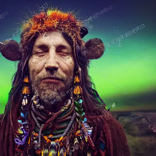 Image similar to a druid shaman performing a ritual to invoke spirits, northern light, visionary painting masterpiece, realistic, highly detailed, octane render