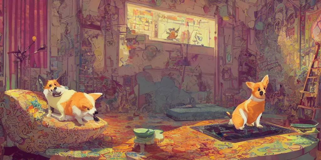 Image similar to beautiful painting of a fantasy corgi king chilling in his palace, by Jamie Hewlett, Victo Ngai, Ismail Inceoglu. trending on Artstation, 8k, masterpiece, graffiti paint, fine detail, full of color, intricate detail, golden ratio illustration