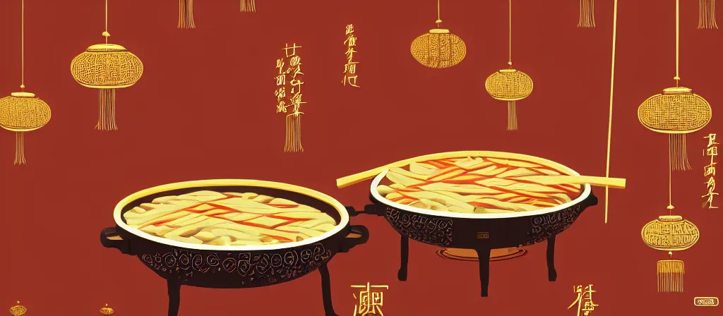 Image similar to a beautiful simple 4 k hd wall paper illustration of roasted string hotpot, wallpaper design, simple style, gourmet style, commercial kebab hotpot wallpaper display, wall painting, from china, with merchant logo, simple structure, surrealistic, chinese style, victo ngai, james jean, denoise, deblurring