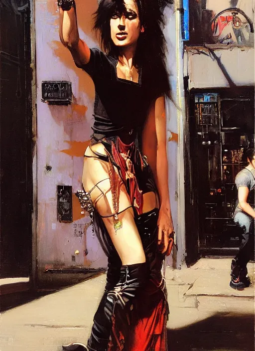 Image similar to androgynous glam rocker outside cbgb in the style of phil hale, sfumato Orientalist portrait by john william waterhouse and James Gurney and Theodore Ralli and Nasreddine Dinet, Syd Mead, Phil Hale, oil on canvas. Cinematic, hyper realism, realistic proportions, dramatic lighting, high detail 4k