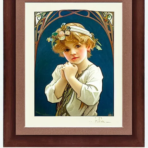 Prompt: art nouveau painting by Alphonse Mucha of a little boy with blonde hair and a round cherubic face. The painting is framed by flowers. Soft, muted colors, dreamy aesthetic.