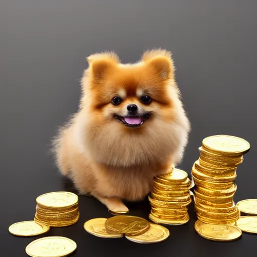 Image similar to A tan pomeranian wearing a top-hat, sitting on top of a large pile of gold coins