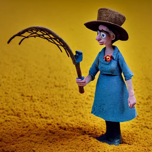 Image similar to a cinematic film still of a claymation stop motion film starring anne hathaway as female farmer with pitchfork, shallow depth of field, 8 0 mm, f 1. 8