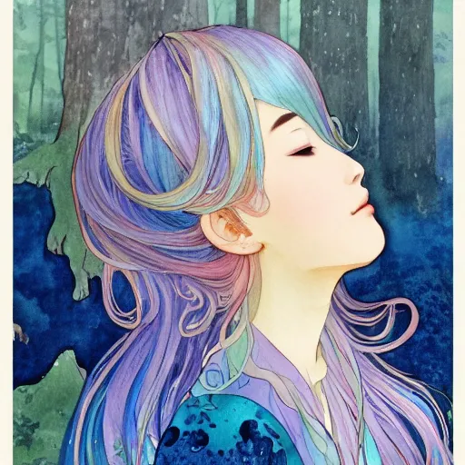 Prompt: side view a beautiful and inspiring intricate watercolor illustration artwork bright blue hair japanese beautiful sweet girl in the forest, feeling the nature, eyes closed, 4 k, ultra - wide angle, by william turner, by victo ngai, by alphonse mucha, by miho hirano, hd, trending on artstation, hyper detailed, muted colors, inspiring, beautiful, energetic