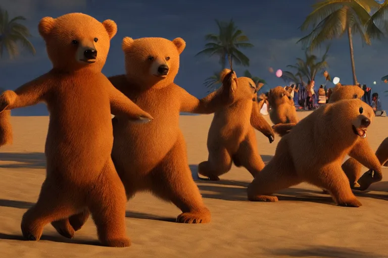 Image similar to Bears dancing at a party at the beach, cinematic, atmospheric, 8k resolution, ArtStation, Hyperrealistic