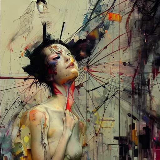 Image similar to cyberpunk dreaming, in the style of adrian ghenie, esao andrews, jenny saville,, surrealism, dark art by james jean, takato yamamoto