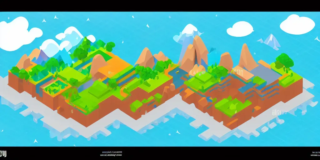 Prompt: an isometric colorful videogame world, epic mountains, duotone, azure ocean in the background, blocks