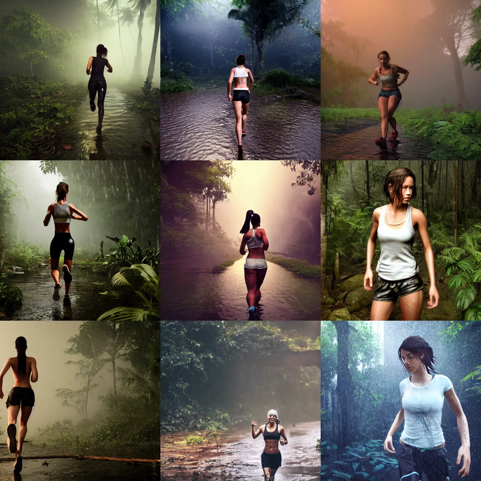 Prompt: adventure girl runs in jungle rain, soaking wet, white!!!! tshirt tied in knot, torn!! clothing, short dark hair, sweaty abs, sunset, hyperrealistic, unreal engine 5, detailed render, atmospheric haze, dim natural evening lighting, mid distance