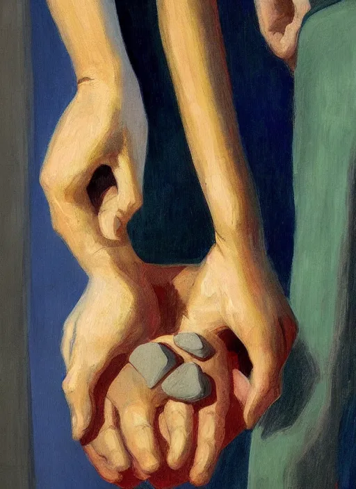 Image similar to three hands holding a bag of stones painted by Edward Hopper and James Gilleard, highly detailed