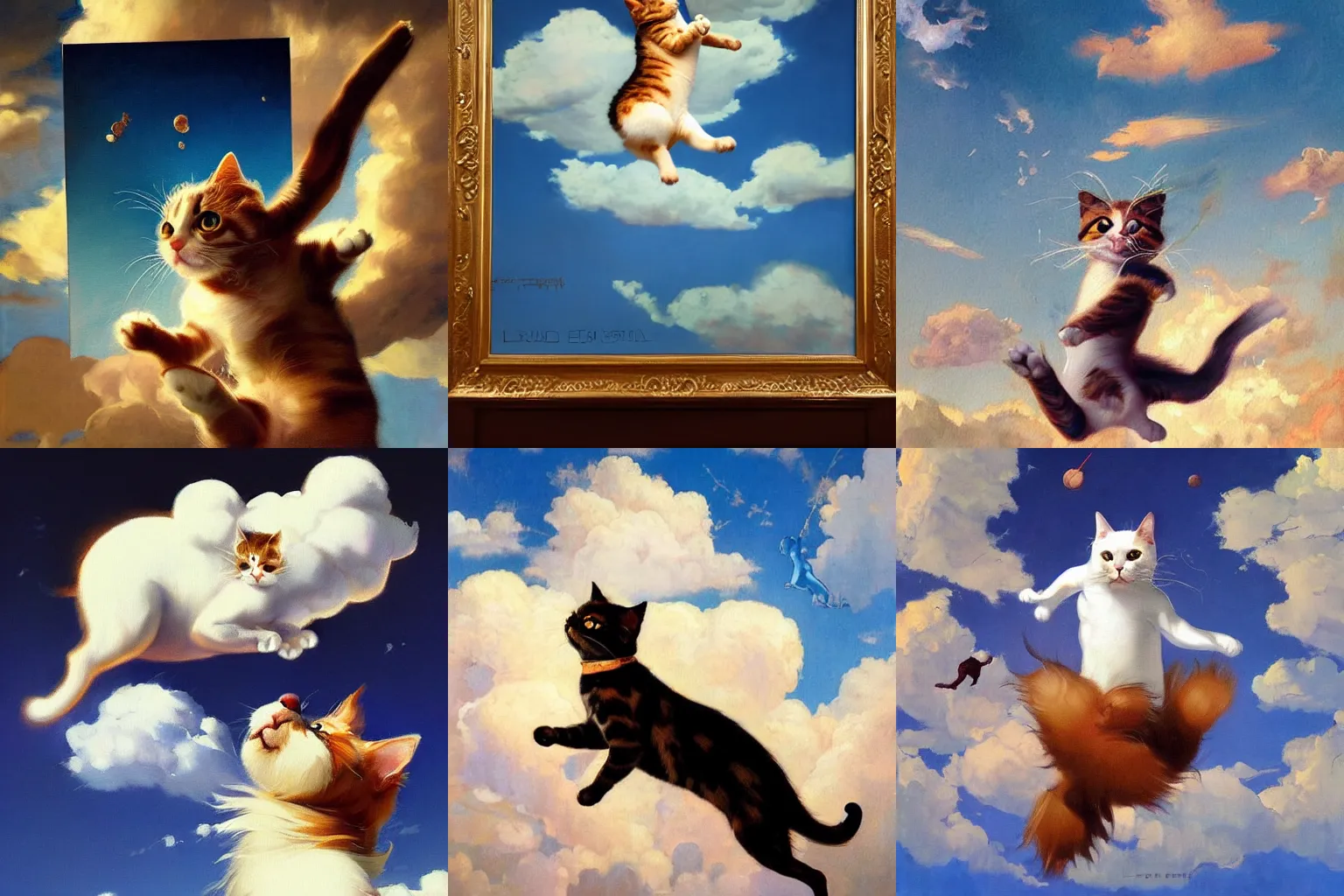 Prompt: A painting of a jumping cat under the sky, by (Ross Tran, Norman Rockwell, Leonardo da Vinci), beautiful clouds, hind legs, strong facial features, Trending on Artstation