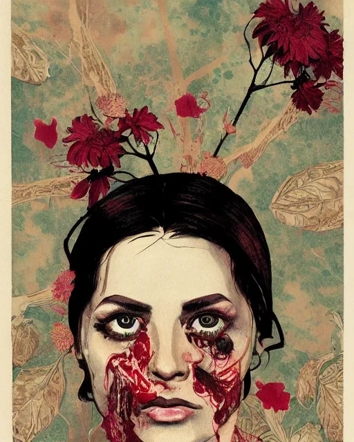 Prompt: a pulp illustration of a beautiful but serious woman in layers of fear, with haunted eyes and dark hair piled on her head, 1 9 7 0 s, seventies, floral wallpaper, wilted flowers, a little blood, morning light showing injuries, delicate ex embellishments, painterly, offset printing technique