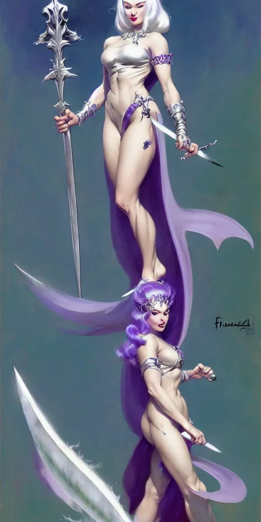 Prompt: frank frazetta painting of queen of hokra, silver white hair, violet long gown, full body, sorceress sword, soft lighting, trending on artstation, by huang guangjian and gil elvgren and sachin teng