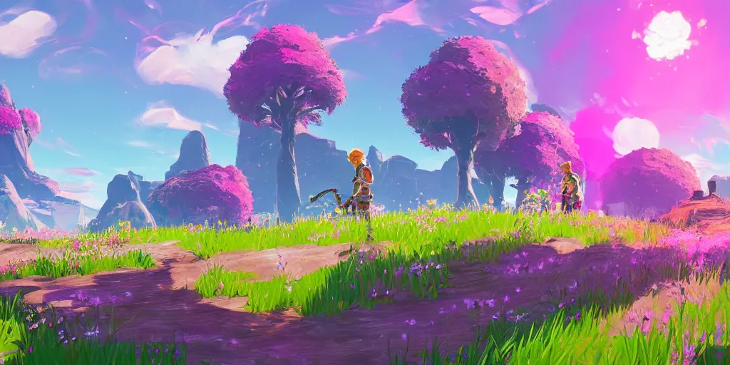 Image similar to ! dream colour theory cascading concept art of spring flower landscape in the style of breath of the wild, fortnite season 1 beautiful, fortnite graphics