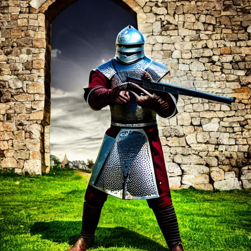 Image similar to a medieval knight in full armor, shooting an ak - 4 7. 4 k, hdr.