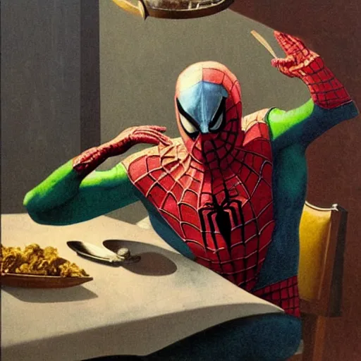 Image similar to Mysterio, Spider-Man, eating dinner, artwork by Franz Sedlacek,