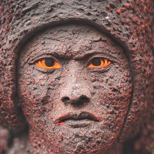 Image similar to beautiful lava human figure, exotic trees, bare bark, dark eyes, low angle mist, high octane, frostbite, 8 k, cinematic, 3 5 mm