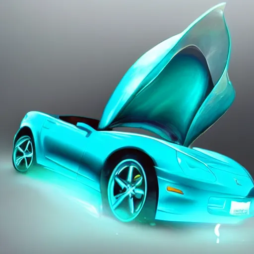 Prompt: a small dark luminous turquoise color liquid water sculpture is hybrid of a corvette convertible, a corvette made out of luminous turquoise color liquid water, viscous, reflective, monochromatic, digital art