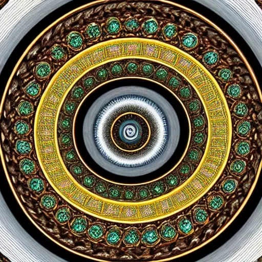 Image similar to three dimensional multilayered patterns inside a spiraling vortex, intricate detail, complex, jade, gold, silver, obsidian, ornate,