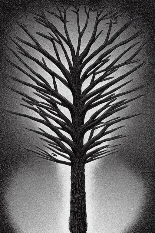 Image similar to a pompom tree with a very very very very tall!! trunk, viewed from below, ant perspective, digital illustration by chris van allsburg and artgerm, surreal, photorealistic