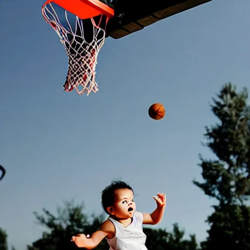 Image similar to a baby dunking a basketball, dramatic action photography, epic shot