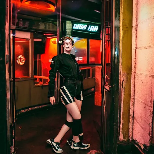 Prompt: photograph of a retro techwear women near the bar of a packed busy rundown nightclub, retrofuturism, brutalism, cyberpunk, sigma 85mm f/1.4, 15mm, 35mm, tilted frame, long exposure, 4k, high resolution, 4k, 8k, hd, wide angle lens, highly detailed, full color, harsh light and shadow