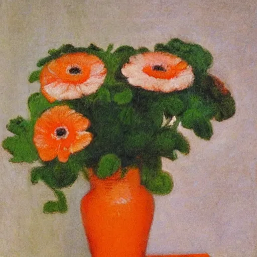 Image similar to light orange by gabriele munter, by william russell flint weary. a photograph of a group of anemones in a vase