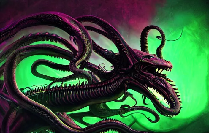 Prompt: dragon - xenomorph, psycho stupid fuck it insane, looks like tentacles but cant seem to confirm, cinematic lighting, psychedelic photoluminescence experience, various refining methods, micro macro autofocus, ultra definition, award winning photo, to hell with you, devianart craze, photograph taken by michael komarck