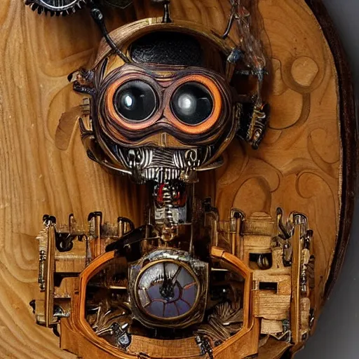 Image similar to A portrait of a complex wooden automaton with fire in its eyes, medievalpunk, clockworkpunk, detailed, orange