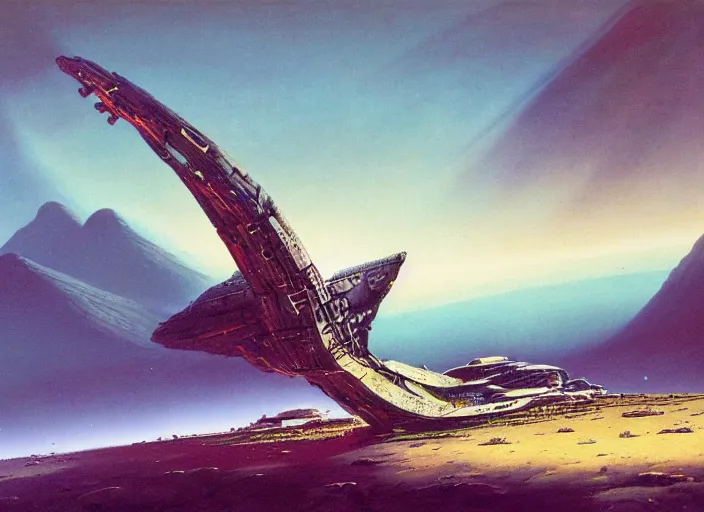 Prompt: a spaceship in a stunning landscape by bruce pennington