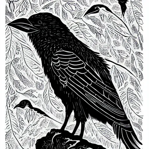 Image similar to crow, detailed intricate block print, 4k, black ink on white paper