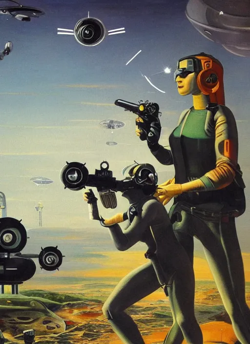 Prompt: a Raypunk painting of a woman holding a raygun, UFOs in the background, life like, intricate detail, 4K HD