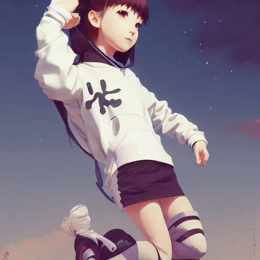 Prompt: a young girl wearing a cat hoodie balancing a a white fence, wlop, ilya kuvshinov, artgerm, krenz cushart, greg rutkowski, hiroaki samura, range murata, james jean, katsuhiro otomo, erik jones, 4 k anime