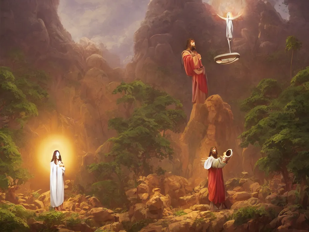 Image similar to the agony in the garden, Jesus on the left, a serpent nearby, and an angel holding a chalice, by goro fujita, trending on artstation, 8k, highly detailed, digital graphic art