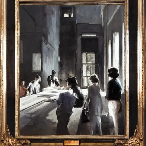 Image similar to by gerald harvey jones daring. a group of people in a dark room. the only source of light is a small window in the corner. the people are all looking at something outside of the mixed mediart.