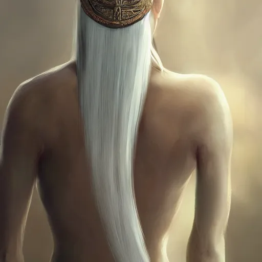 Prompt: goddess, white hair, long hair, gorgeous, amazing, back portrait, feminine, elegant, intricate, highly detailed, digital painting, artstation, concept art, sharp focus, illustration, art by WLOP and greg rutkowski