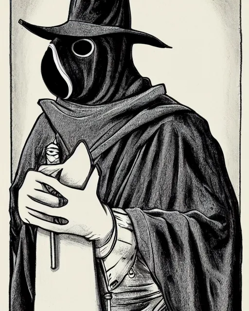 Image similar to a plague doctor holding his mask, mask in hand, black robes, detailed art by greg rukowtski