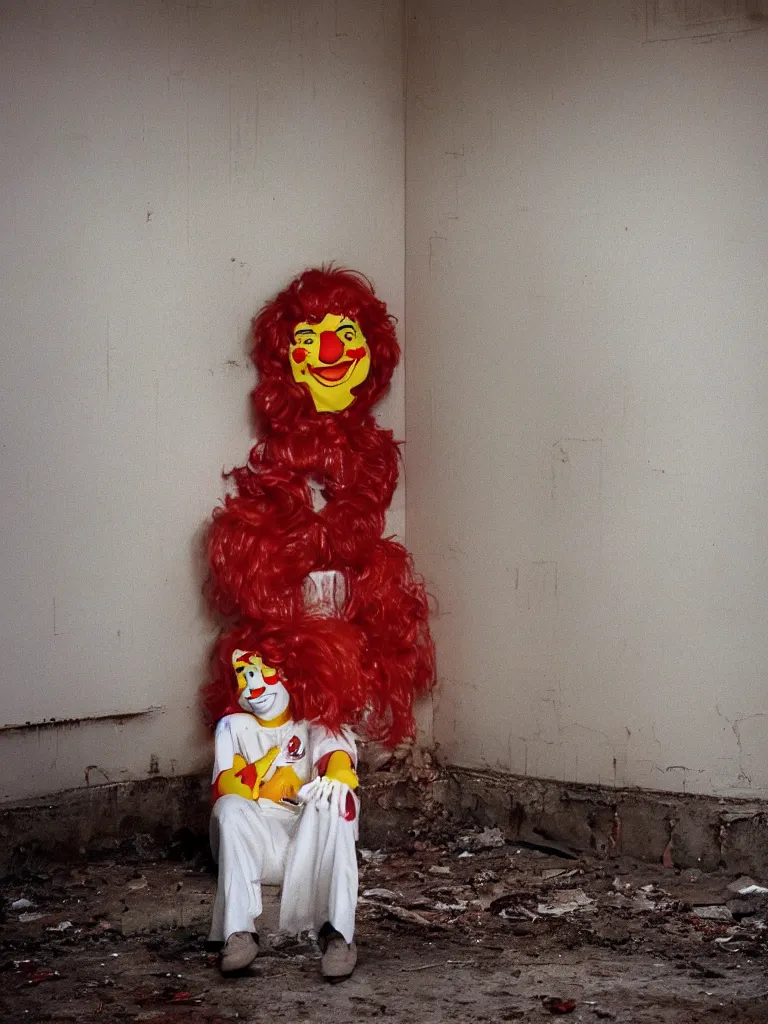 Image similar to a long shot of a crying ronald mcdonald sitting in the corner of an abandoned mcdonald's in 1 9 8 5 during golden hour.