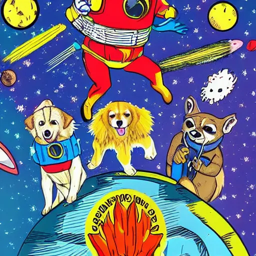 Image similar to a golden retriever and a raccoon dressed as crazy superheroes scientists on an adventure in space, 1960s psychedelic style, photorealistic
