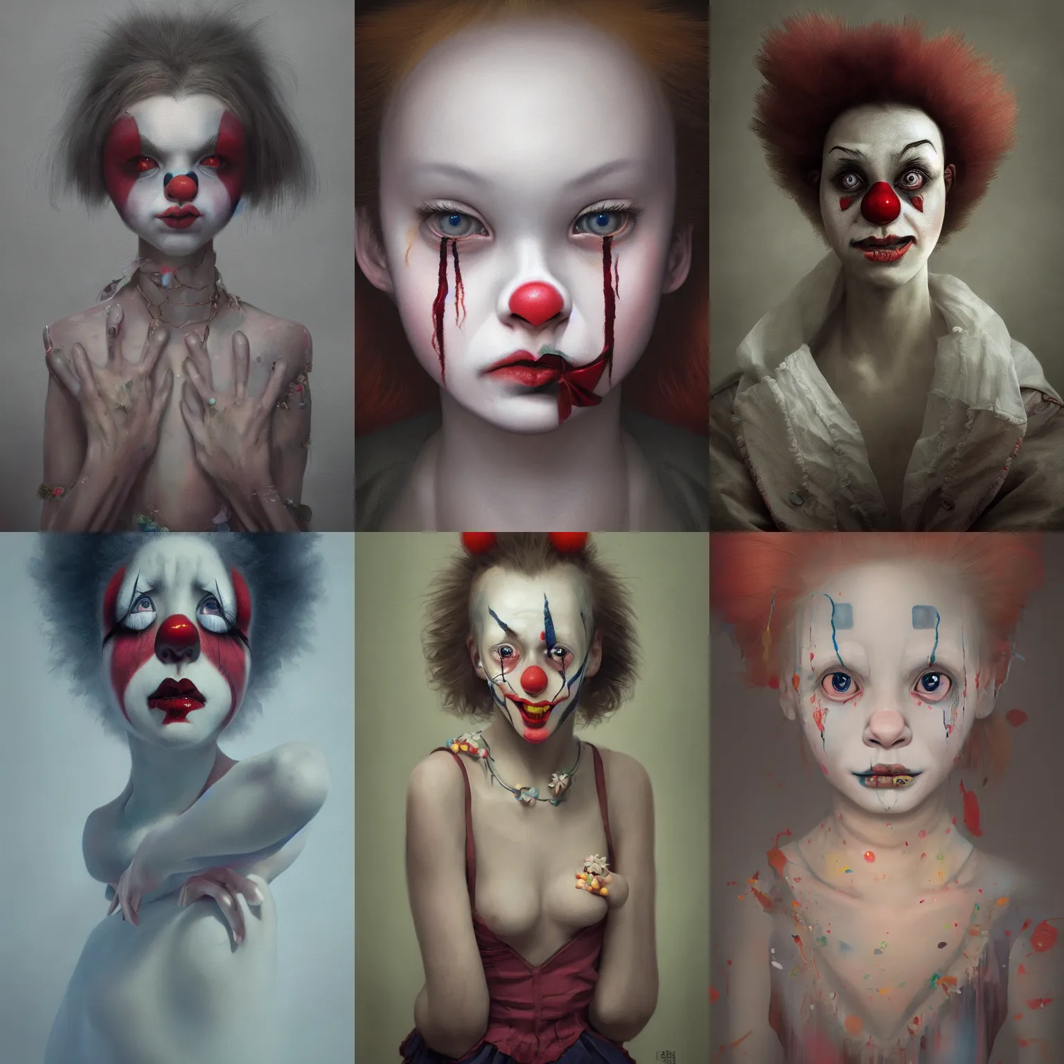 Prompt: breathtaking detailed painting of clown girl , with anxious, piercing eyes, art by Hsiao-Ron Cheng, Miyazaki, extremely moody lighting, hyperrealistic, octane render, ambient light, dynamic lighting