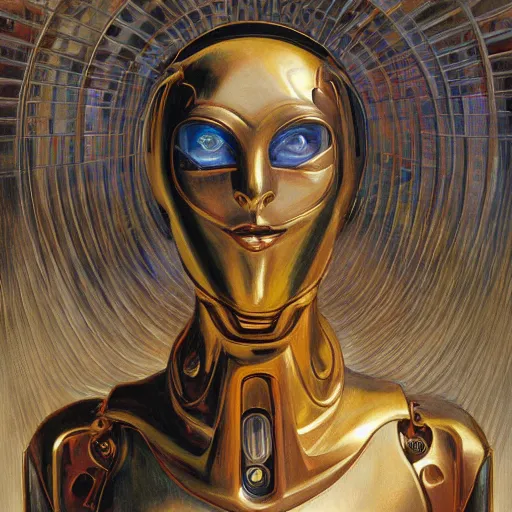 Image similar to the robot wearing her human mask, by christopher kit williams and donato giancola, symbolist, dramatic lighting, elaborate geometric ornament, art brut, god rays, soft cool colors, smooth, sharp focus, extremely detailed